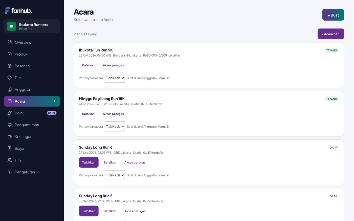 Managing events from the club console, schedule, capacity, registrations. The console is in Indonesian.