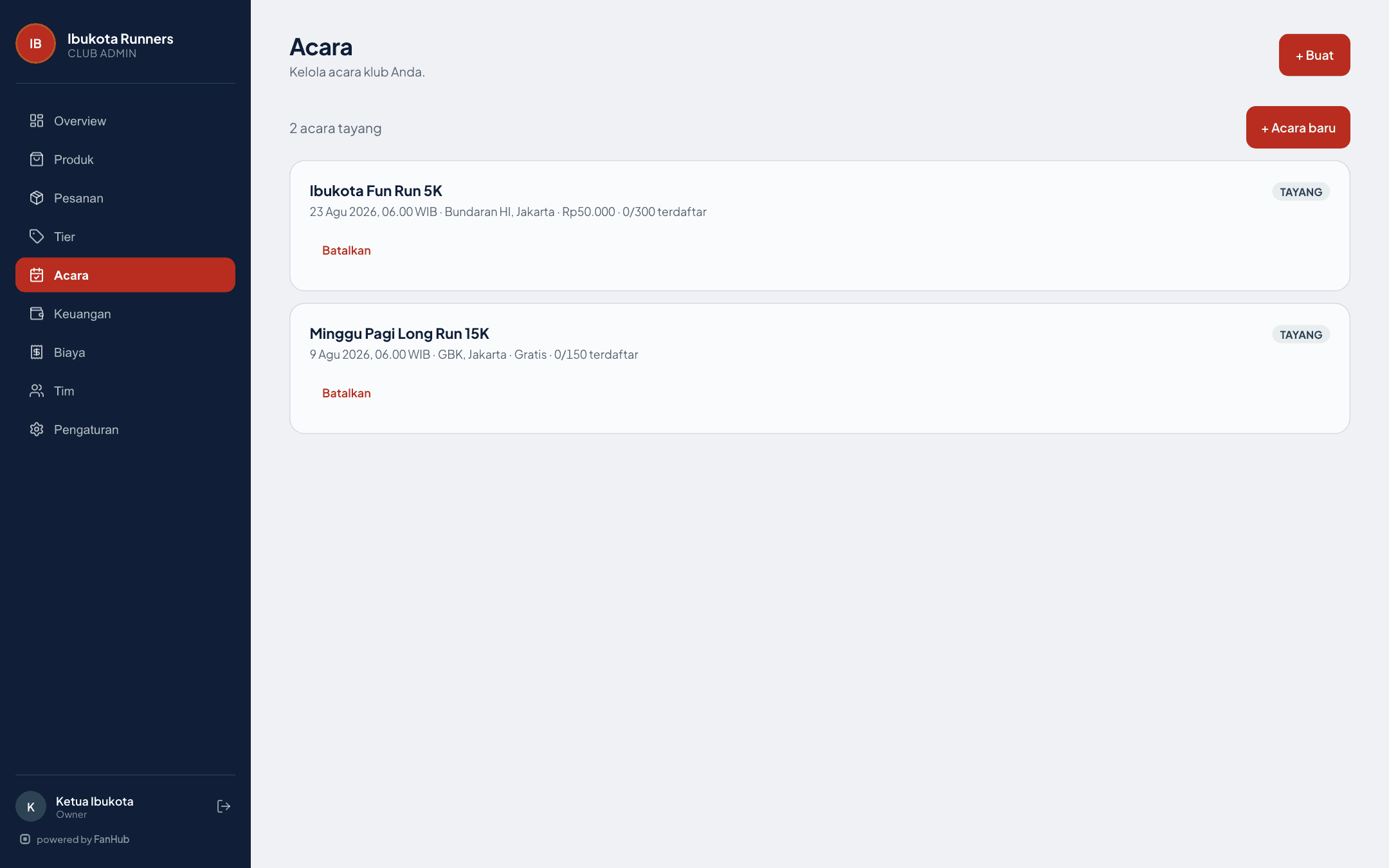 Kelola acara dari console klub — jadwal, kapasitas, dan registrasi.